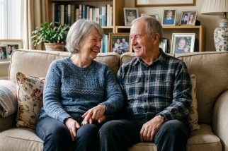 A happy retired couple sta on the sofa